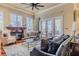 Elegant living room with a fireplace, plush seating, and French doors to the outdoor area at 1117 Oxbridge Ln, Ormond Beach, FL 32174