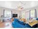 Bright living room with a comfortable blue sofa, plenty of natural light, and hardwood floors at 1479 Renton St, Deltona, FL 32725