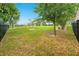 Spacious backyard featuring a lush lawn, mature trees, and a black metal fence at 1855 Cattle Creek Ln, Port Orange, FL 32128