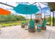 Covered patio area with comfortable seating and a charming stone fireplace overlooking the backyard at 1855 Cattle Creek Ln, Port Orange, FL 32128