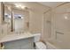 Bathroom featuring a vanity with marble countertops and a shower-tub combo at 257 Deleon Rd, Debary, FL 32713