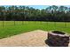 Outdoor patio area with a stone fire pit and fenced yard at 6182 Knotty Pine Ct, Port Orange, FL 32127