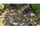 Drone image of the backyard showing an outdoor fire pit, shed, and perimeter of privacy trees at 1081 Torchwood Dr, Deland, FL 32724