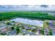 A scenic aerial shot of the community homes near a serene lake and lush green space at 112 Coral Reef Ct, Sanford, FL 32771