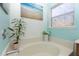 Close up of soaking tub with decorative tile work and relaxing beach themed art above the tub at 112 Coral Reef Ct, Sanford, FL 32771