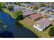 Aerial view of the home's backyard with water view in a quiet neighborhood setting at 133 Wood Ibis Ct, Daytona Beach, FL 32119