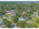 An aerial view of a quiet neighborhood filled with lush trees, well-kept lawns, and houses with private backyard pools at 1927 Orange Tree Dr, Edgewater, FL 32141