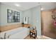Relaxing bathroom showcasing a soaking tub and separate walk-in shower with decorative tile surround at 2071 S Atlantic Ave # 705, Daytona Beach, FL 32118
