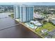 Beautiful aerial showcasing two high-rise towers with a connecting walkway and waterfront views at 241 Riverside Dr # 2110, Daytona Beach, FL 32117