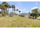 Spacious backyard with lush grass, mature palm trees, and potential for outdoor activities at 101 Egret Ave, Port Orange, FL 32127