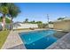 Backyard pool is surrounded by a paved patio, complemented by lush greenery and palm trees, perfect for outdoor enjoyment at 1317 Suwanee Rd, Daytona Beach, FL 32114