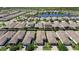 Aerial view of a residential area featuring homes, a pond, and tree-lined streets at 1374 Red Clover Ln, Deland, FL 32724