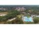 Community aerial view shows a pool, bocce ball, trees, wetlands and residential area at 1374 Red Clover Ln, Deland, FL 32724