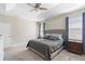 Bedroom with tray ceiling, ceiling fan, plush carpet, and upholstered bed with tufted headboard and blue patterned curtains at 2337 Oxmoor Dr, Deland, FL 32724