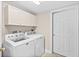 Well-lit laundry room featuring a side-by-side washer and dryer, and upper cabinets for organized storage at 3311 S Atlantic Ave # 1704, Daytona Beach Shores, FL 32118
