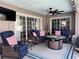 Relaxing covered patio furnished with comfortable seating, ceiling fan, and a flat screen TV at 400 Taylorville St, Deltona, FL 32725