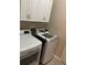 Laundry room features a modern, front-loading washer and dryer with white cabinets at 417 Victoria Hills Dr, Deland, FL 32724