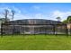 Spacious screened-in pool area surrounded by lush green lawn and black fence at 1446 Stone Trl, Enterprise, FL 32725
