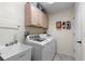 Functional laundry room with modern washer, dryer, and storage cabinets at 1715 Queen Palm Dr, Edgewater, FL 32132