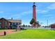 Scenic view of the historic Ponce de Leon Inlet Lighthouse against a clear blue sky, showcasing its architectural charm at 14 Marsh Ct, Ponce Inlet, FL 32127
