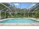 Screened-in pool area with clear blue water, offering a serene outdoor oasis and views of the lush greenery beyond at 1641 Timber Hills Dr, Deland, FL 32724