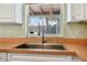 Stainless steel kitchen sink with modern faucet, wooden countertop, and view to the yard at 1890 15Th St, Orange City, FL 32763