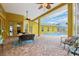 A backyard patio with an outdoor dining set, ceiling fan, brick pavers, and a view of the pool at 2940 Se 23Rd Ave, Ocala, FL 34471