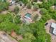 Aerial shot of a property showcasing the home, an in-ground pool, shed, and surrounding trees at 31544 Wekiva River Trl, Sorrento, FL 32776