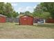 Backyard shed and partial view of the fenced in backyard with green space and landscaping at 31544 Wekiva River Trl, Sorrento, FL 32776