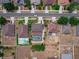 Aerial view of houses on a street with pools, solar panels, well maintained lawns, and ample parking space at 4604 Barbados Loop, Clermont, FL 34711