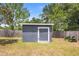 A small, gray wood shed with a white door is placed in the grassy backyard, along with a lawnmower at 6509 Lake Lerla Dr, Apopka, FL 32712