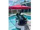 Sparkling pool with a large red umbrella and lush tropical plants adding to its resort-style ambiance at 1194 Balfour Dr, Deltona, FL 32725