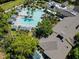 Aerial view of a large community pool with palm trees, pergola-covered seating areas, and surrounding landscaping at 1386 Brayford Pt, Deland, FL 32724