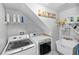 Efficient laundry room with washer, dryer, utility sink, and shelving for supplies at 1412 Bent Oaks Blvd, Deland, FL 32724