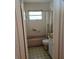 Cozy pink bathroom with a classic tiled shower, toilet, sink and patterned linoleum floor at 16880 Se 63Rd Ln, Ocklawaha, FL 32179