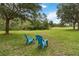 Expansive backyard with lush greenery, mature trees, and inviting blue chairs, perfect for outdoor relaxation at 191 Sedona Cir, Daytona Beach, FL 32124
