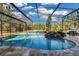 Screened-in pool with a rock waterfall feature, built-in seating, and decorative plants in the pool area at 19343 Moorgate St, Orlando, FL 32833