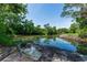 Picturesque pond with lily pads and a kayak by the shore, surrounded by lush trees at 2953 Sled Rd, Christmas, FL 32709