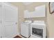 Functional laundry room with modern washer, dryer, and storage cabinets above at 320 W Victoria Trails Blvd, Deland, FL 32724