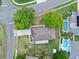 Overhead shot of a property with a well-kept yard, mature trees, and a private pool area at 718 Sleepy Hollow Dr, Port Orange, FL 32127