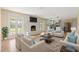 Cozy living room with a painted brick fireplace, neutral decor, and a view into the modern kitchen at 825 Wells Dr, South Daytona, FL 32119