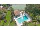 Aerial view of a backyard pool and cabana with lush green surroundings and a tennis court at 115 Oaks Ct # 115, Sanford, FL 32771