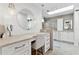 Bright bathroom vanity with a makeup desk, shiplap walls, and a modern design at 160 Point O Woods Dr, Daytona Beach, FL 32114