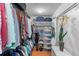 Well-organized walk-in closet with extensive shelving, clothing racks, overhead storage and a decorative houseplant at 1637 Bent Oaks Blvd, Deland, FL 32724