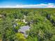 Expansive aerial view showcasing a secluded home surrounded by lush, mature trees and a beautiful blue sky at 4073 N Chinook Ln, Ormond Beach, FL 32174