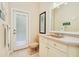 Neutral bathroom featuring a vanity with sink, toilet, and a door to the outside at 4427 S Atlantic Ave, Port Orange, FL 32127