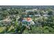 Stunning aerial view of the lush neighborhood and the charming home surrounded by mature trees and a serene canal at 61 E Bayshore Dr, Port Orange, FL 32127