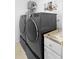 Modern laundry room featuring gray front load washer and dryer with countertop and white cabinets at 700 Spring Cavern Ave, Orange City, FL 32763