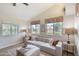 Cozy living room with vaulted ceilings, neutral decor, large windows and modern lamps at 706 Fox Tail Ct, New Smyrna Beach, FL 32168