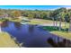 Picturesque pond featuring a dock and boat ramp, surrounded by lush greenery and tall palm trees at 1520 Stone Trl, Enterprise, FL 32725